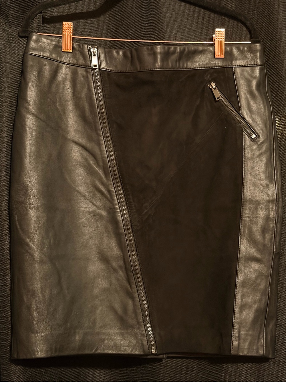 Mint Velvet Black 100% Leather Pencil Skirt Zipper Details Size 14